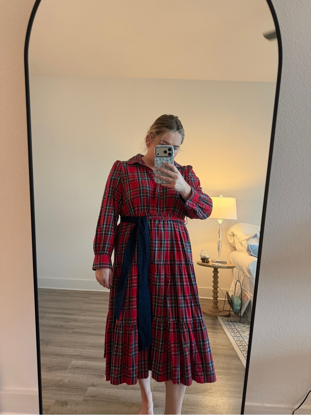 crown & ivy Red Plaid Long Sleeve Midi Dress with Navy Tie